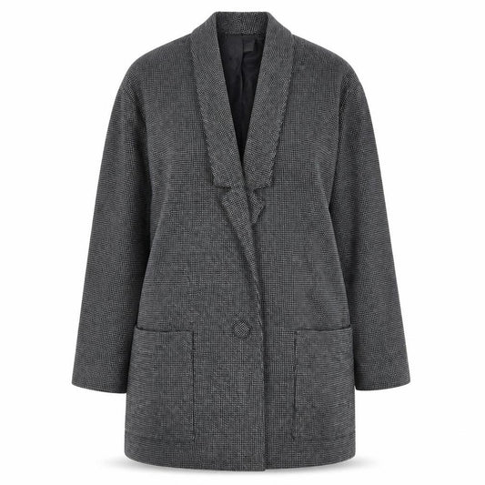 Front view of CNS women’s grey geometric jacket, size UK 10, button
