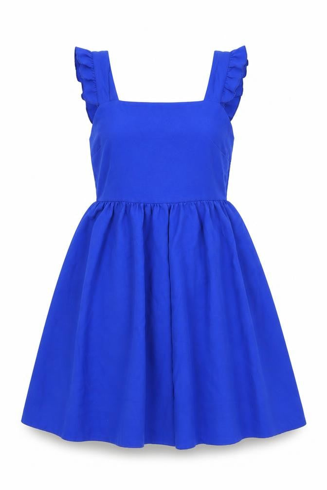 Front view of SHEIN women’s blue polyester tank dress, size S, square neck pullover