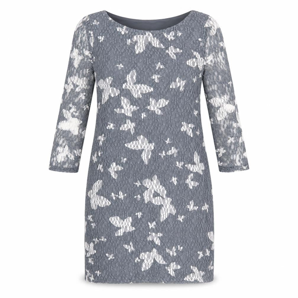 Front view of Phase Eight women’s grey geometric polyester sheath, size UK 12, boat neck pullover - butterfly print