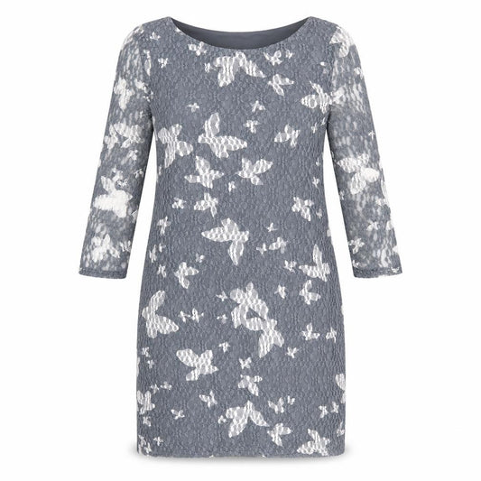 Front view of Phase Eight women’s grey geometric polyester sheath, size UK 12, boat neck pullover - butterfly print