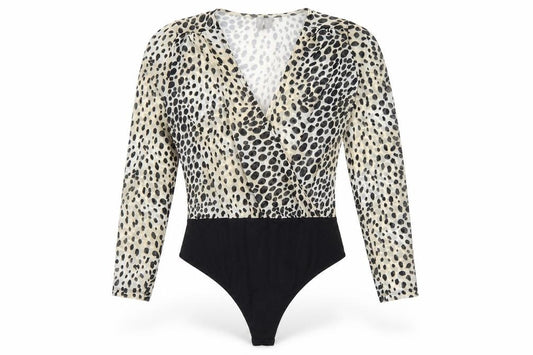 Front view of ASOS women’s brown animal print polyamide bodysuit one-piece, size UK 8, snap