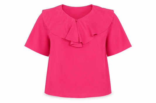 Front view of Essentials women’s pink polyester basic blouse, size UK 12, round neck