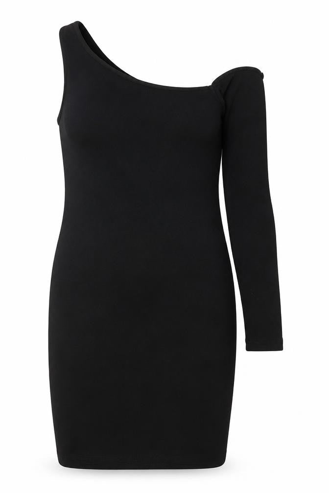 Front view of Stradivarius women’s black polyester bodycon, size M, one shoulder pullover