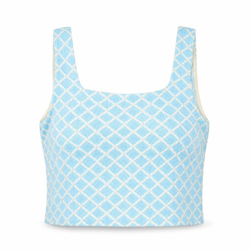 Front view of Zara women’s blue geometric cotton basic tank, size M, square neck