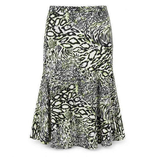 Front view of Ency women’s multicoloured geometric polyester trumpet skirt, size UK 8