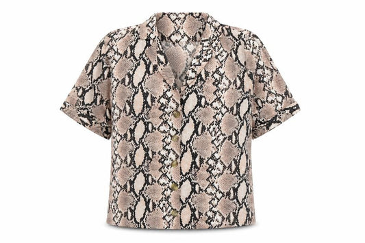 Front view of New Look women’s brown animal print polyester basic button-up, size UK 8, v-neck