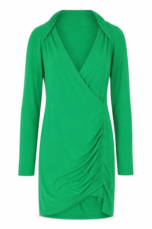 Front view of Bershka women’s green polyester mini, size L, collared pullover