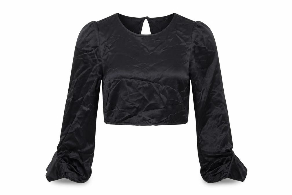 Front view of Zara women’s black polyester cropped blouse, size S, round neck
