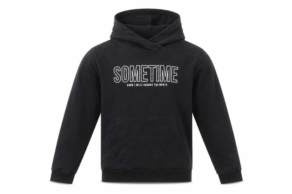 Front view of Sometime Soon boys’ black cotton pullover hoodie, size 10, years pullover