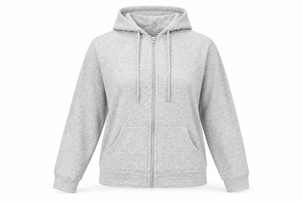 Front view of H&M women’s grey cotton full zip hoodie, size S, zip