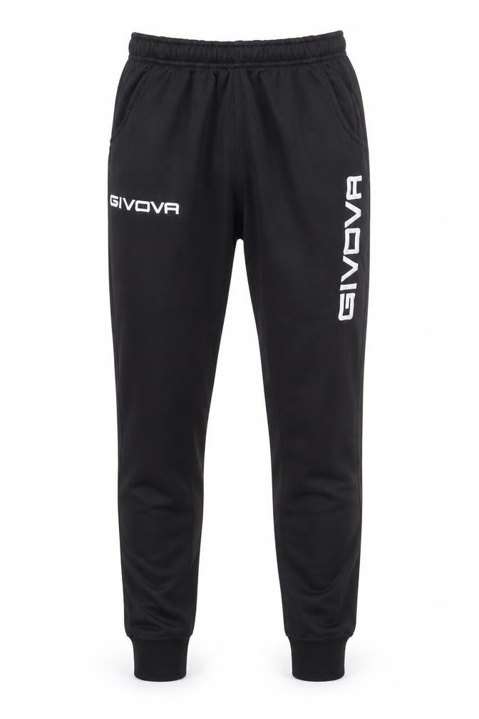 Front view of Givova boys’ black polyester sweatpants, size XS, regular drawstring