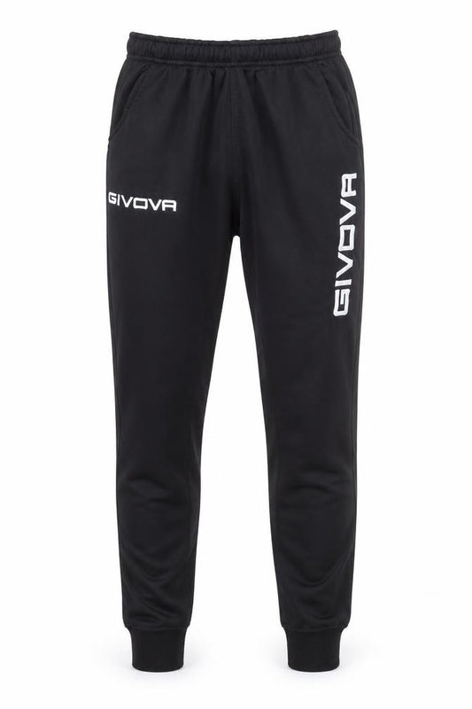 Front view of Givova boys’ black polyester sweatpants, size XS, regular drawstring