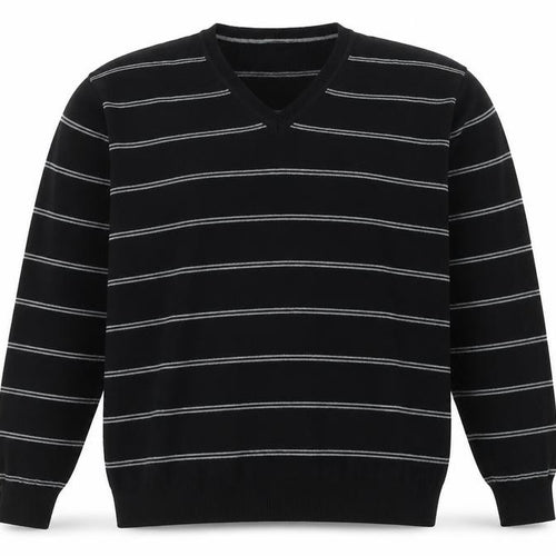 Avenue Mens Black V-Neck Striped Cotton Pullover Jumper Size XL