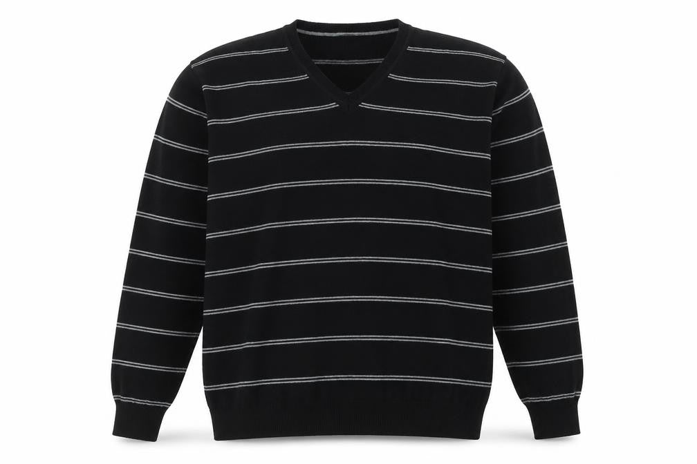 Avenue Mens Black V-Neck Striped Cotton Pullover Jumper Size XL