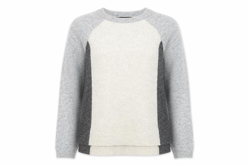 Front view of Marks & Spencer women’s grey round neck acrylic jumper, size M, - colourblock