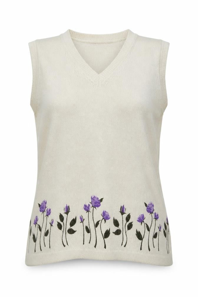 Joie De Vivre Womens White V-Neck Floral Cotton Vest Jumper Size M