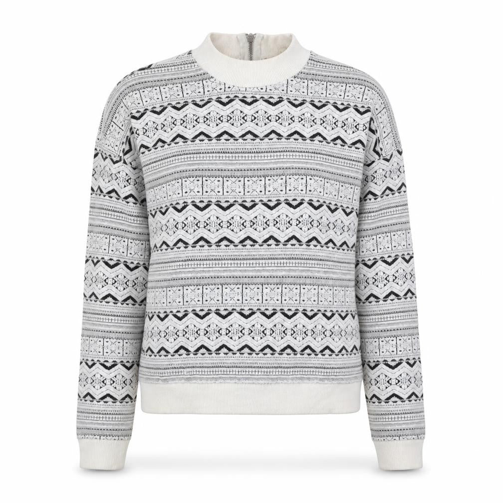 Front view of Bershka women’s white geometric polyester pullover sweatshirt, size S, zip