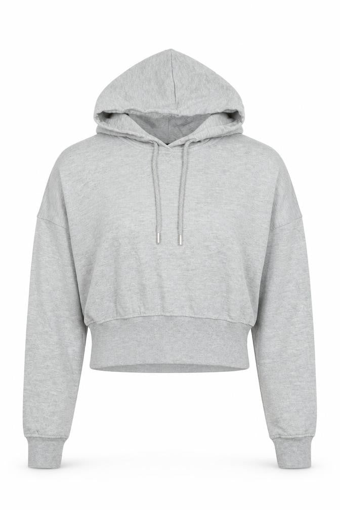 Front view of PRETTYLITTLETHING women’s grey cotton pullover hoodie, size S, pullover