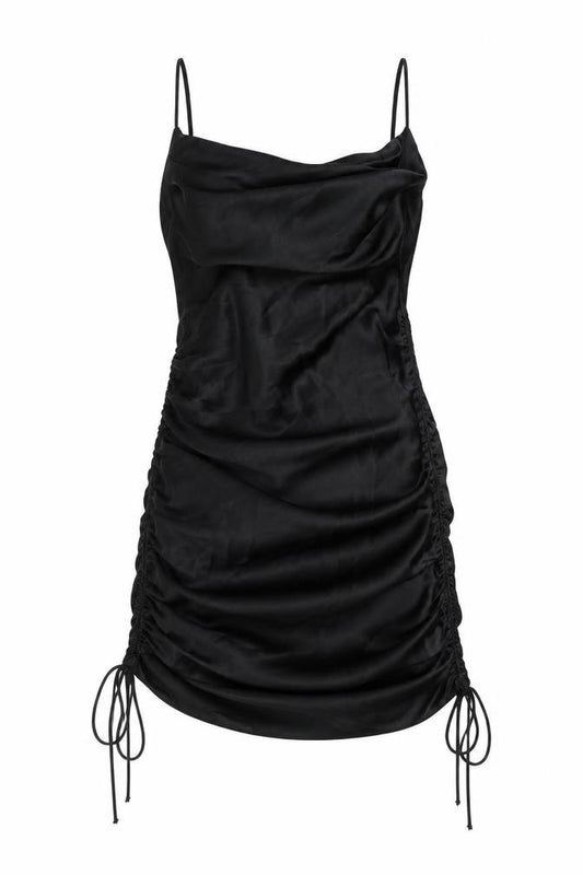 Front view of Zara women’s black polyester mini, size S, cowl neck drawstring