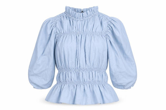 Front view of Vera Moda women’s blue viscose basic blouse, size XS, mock neck