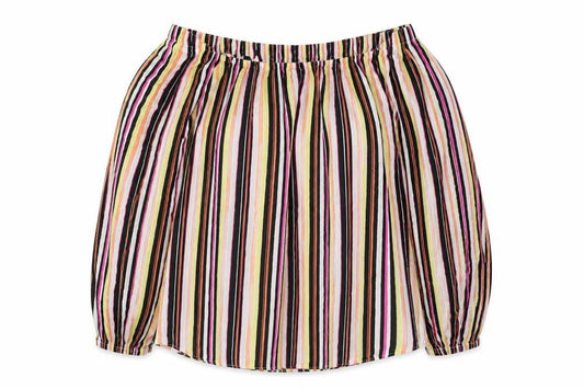 Front view of Select women’s multicoloured striped viscose basic blouse, size UK 12, off the shoulder