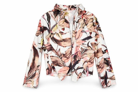 Front view of Lily White women’s white floral jacket, size S