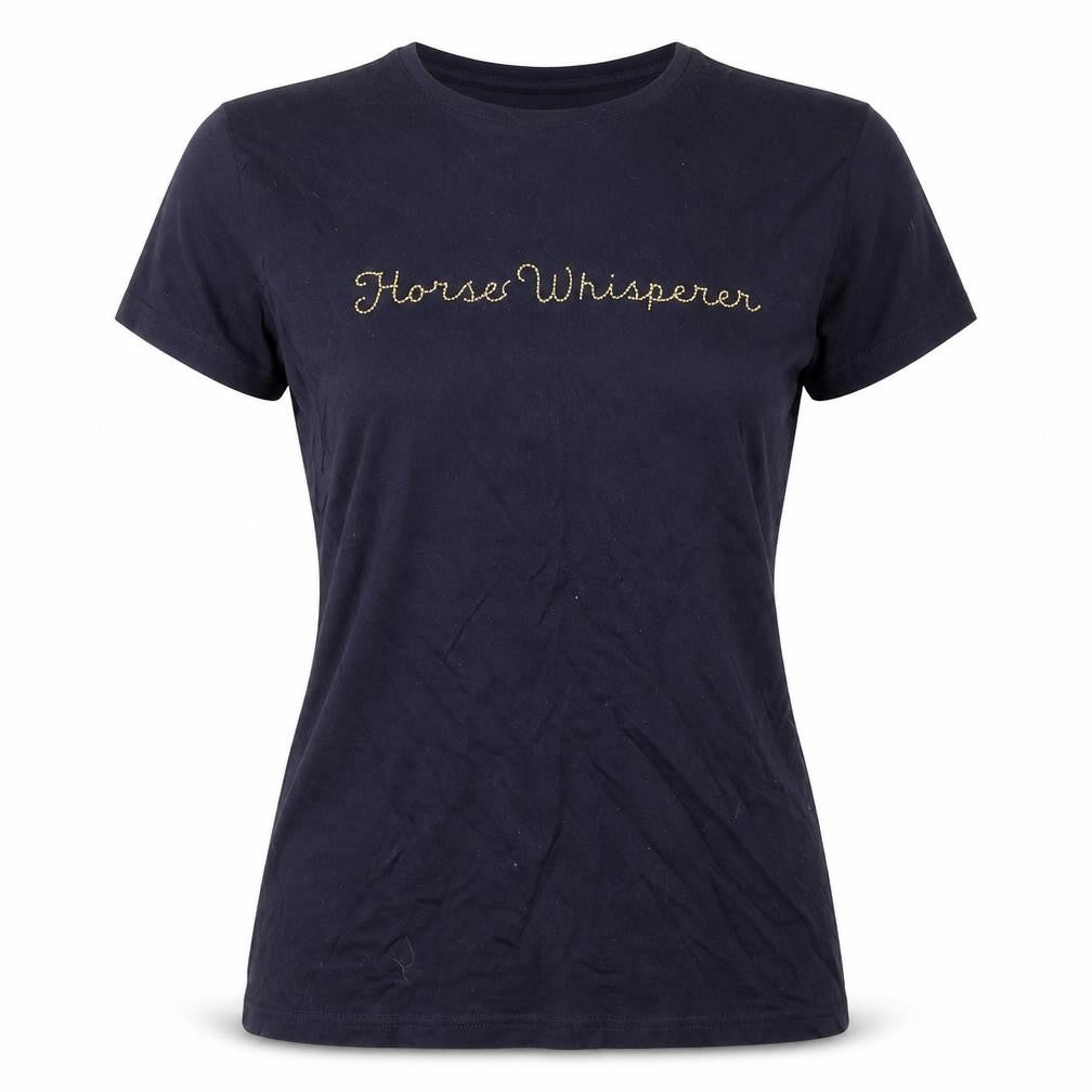 Front view of Mia Suki women’s blue polyester basic t-shirt, size M, round neck