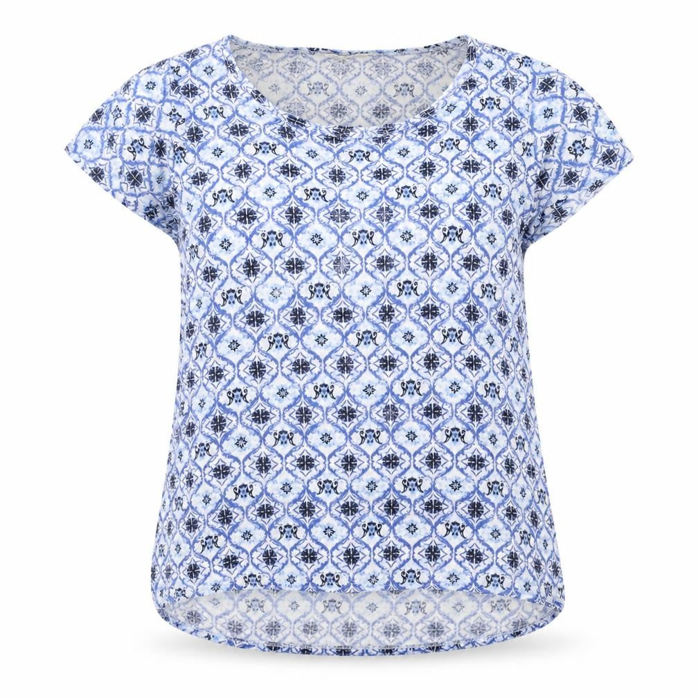 Front view of George women’s blue geometric polyester basic t-shirt, size UK 8, round neck