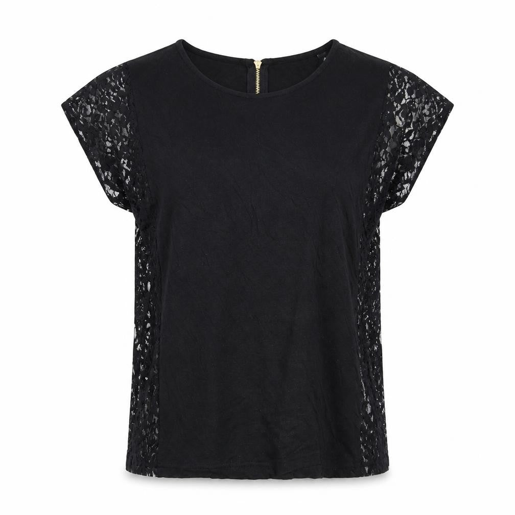 Front view of Soaked in Luxury women’s black viscose basic blouse, size M, boat neck