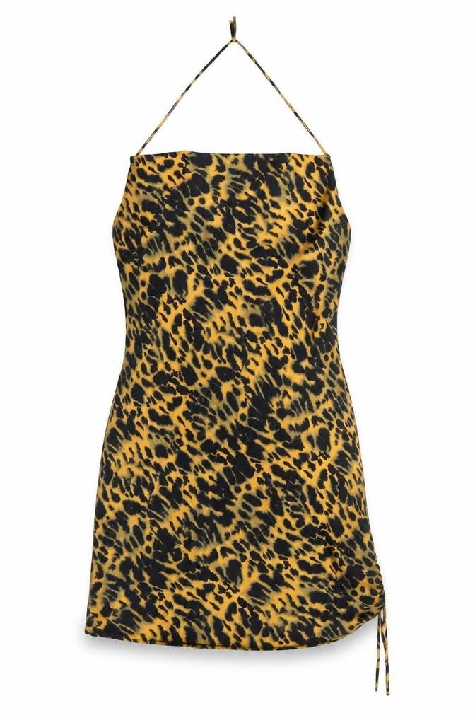Front view of Topshop women’s multicoloured animal print polyester mini, size UK 14, halter tie