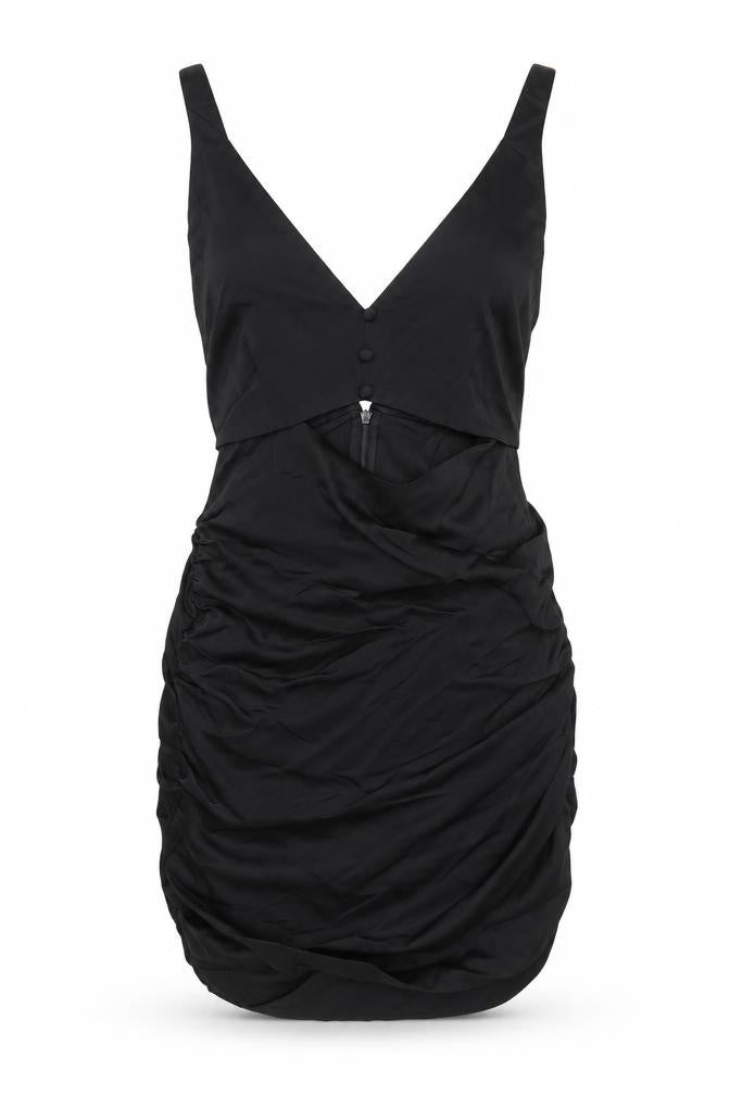 Front view of Zara women’s black polyester mini, size XS, v-neck zip