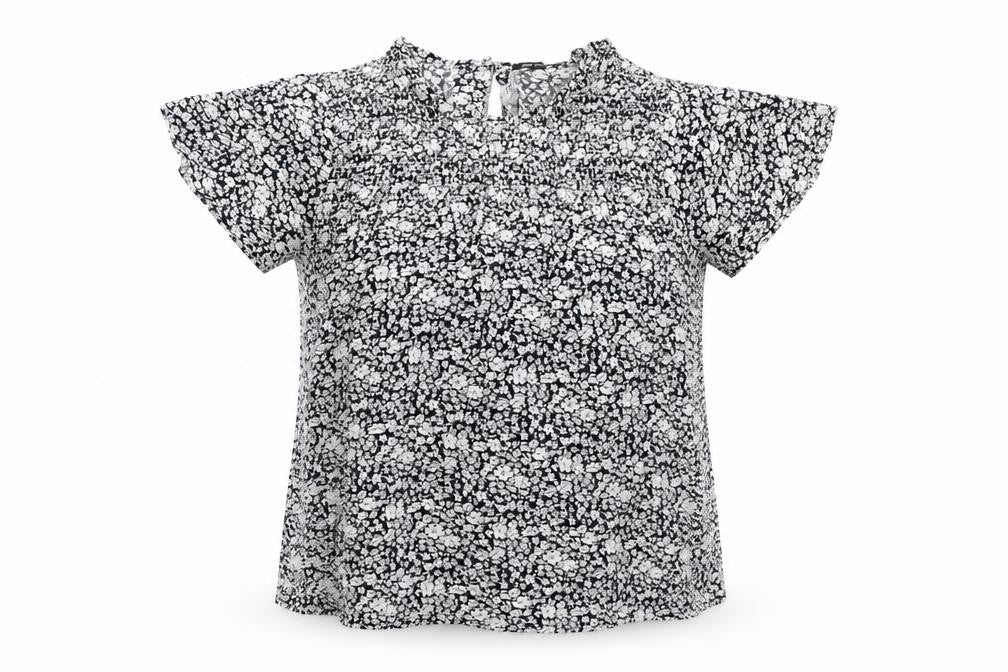 Front view of Mila Moda women’s black floral viscose basic blouse, size M, round neck