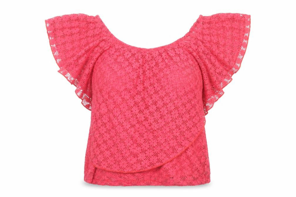 Front view of River Island women’s red nylon basic blouse, size UK 10, off the shoulder