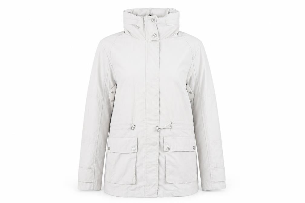 Front view of David Barry women’s grey rain coat coat, size UK 12, zip