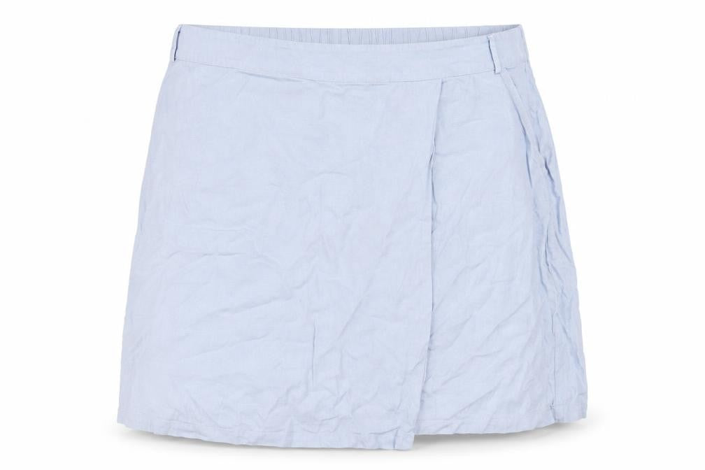 Front view of Capsule women’s blue linen a-line skirt, size UK 26