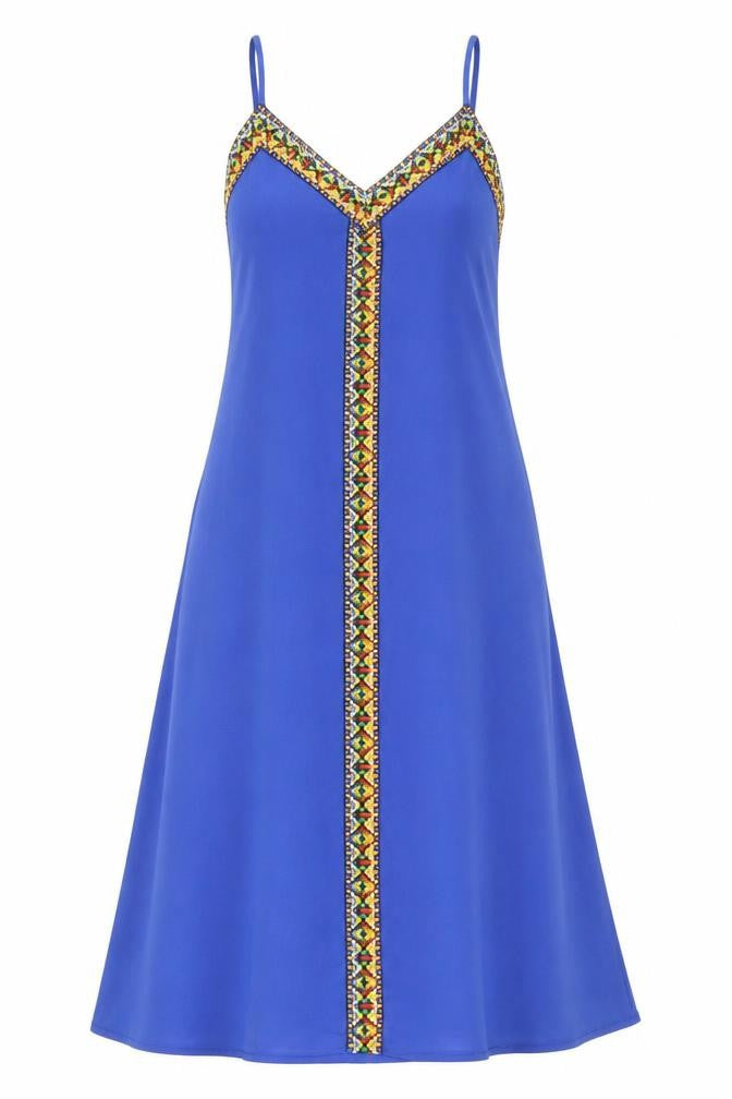 Front view of SHEIN women’s blue geometric polyester a-line, size UK 6, v-neck pullover