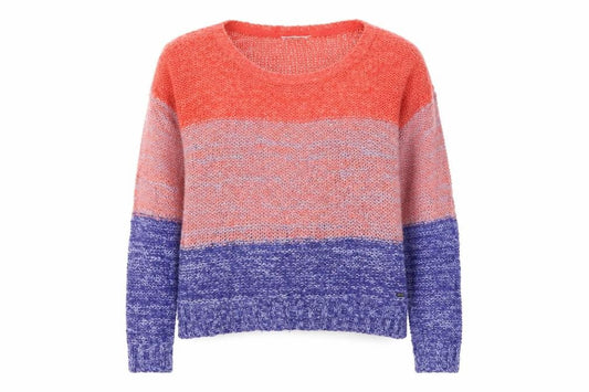 Front view of Garage women’s multicoloured round neck striped acrylic jumper, size M