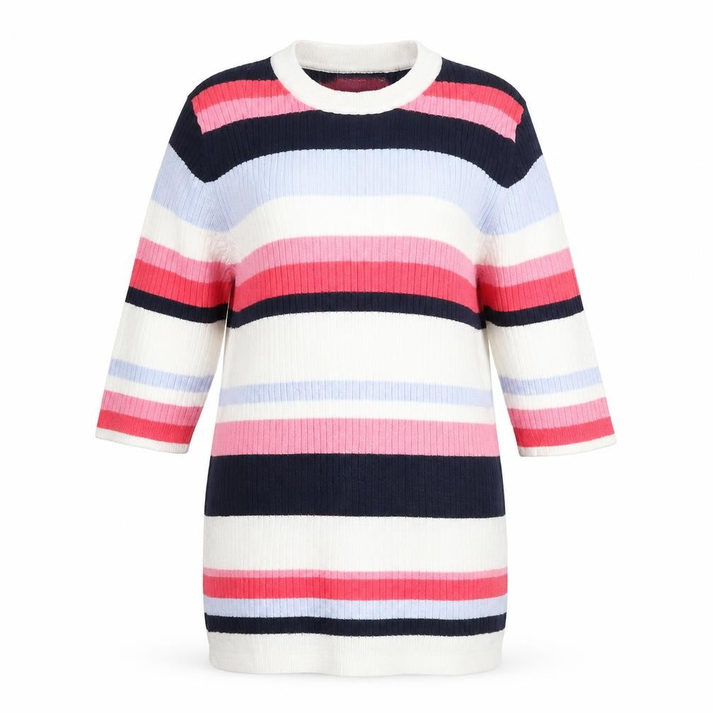 Front view of Marks & Spencer women’s multicoloured round neck striped viscose jumper, size UK 12
