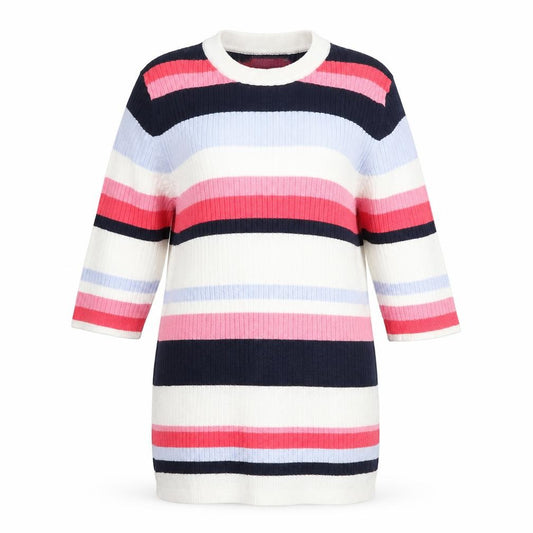 Front view of Marks & Spencer women’s multicoloured round neck striped viscose jumper, size UK 12