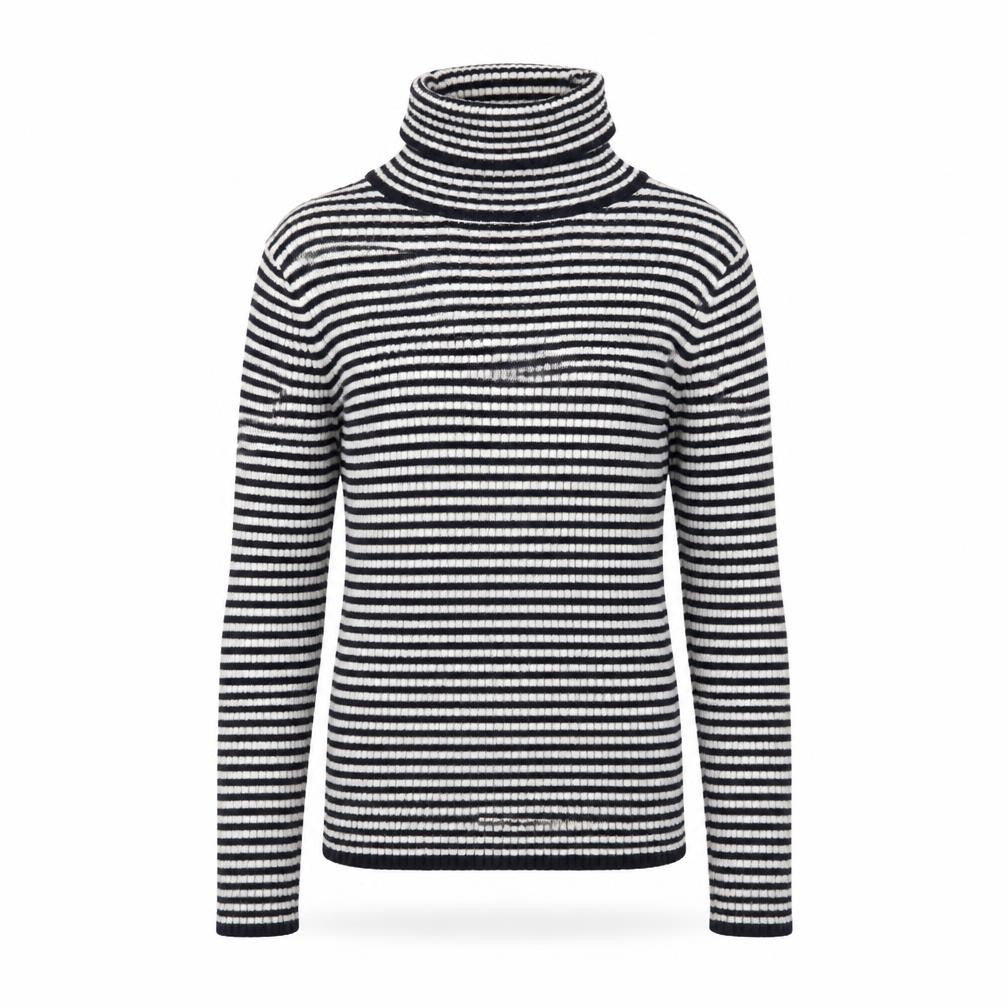 Front view of Next girls’ blue roll neck striped polyester jumper, size 9, years pullover
