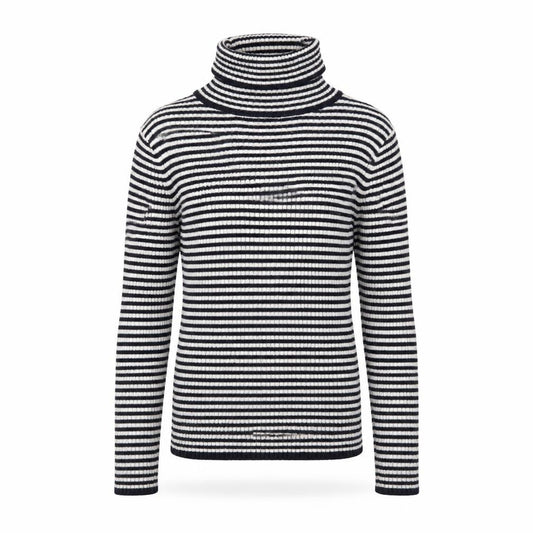Front view of Next girls’ blue roll neck striped polyester jumper, size 9, years pullover