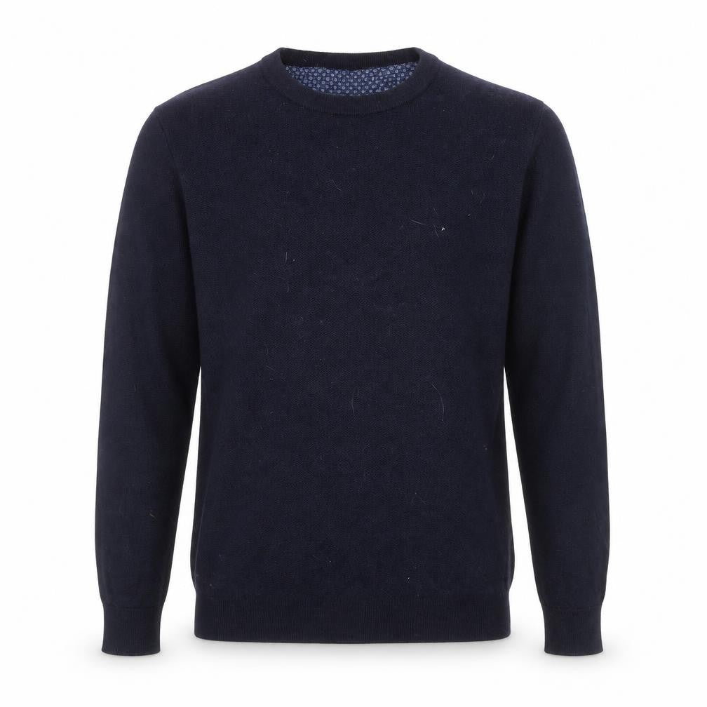 Front view of Without Prejudice men’s blue round neck wool jumper, size S