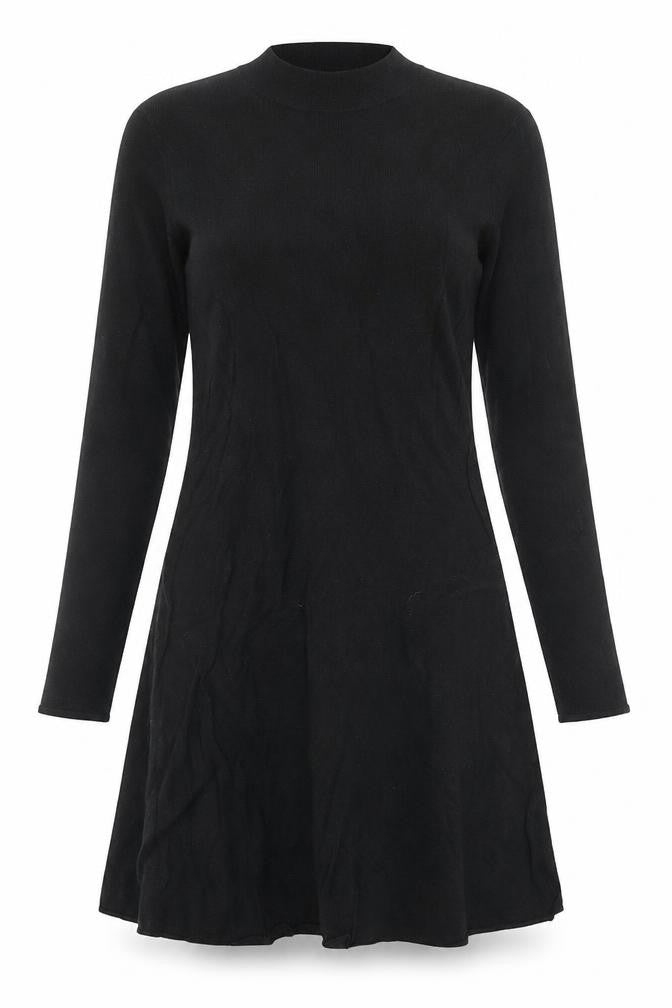 Front view of H&M women’s black viscose skater dress, size S, mock neck pullover