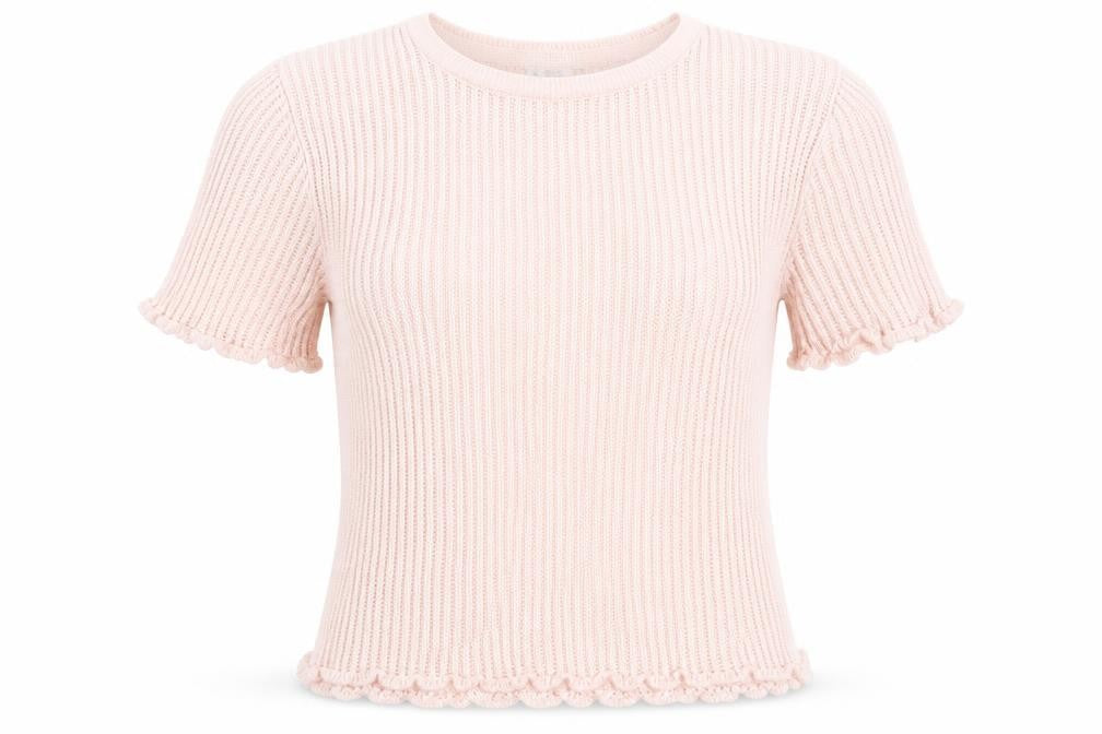 Front view of Cooperative women’s pink acrylic basic t-shirt, size S, crew neck - ribbed