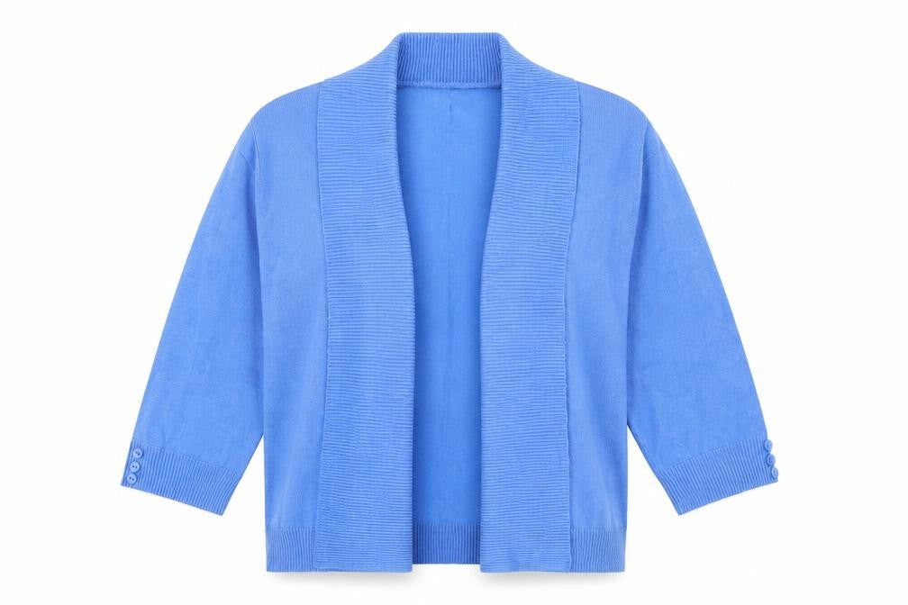 Front view of EWM women’s blue v-neck viscose cardigan jumper, size M