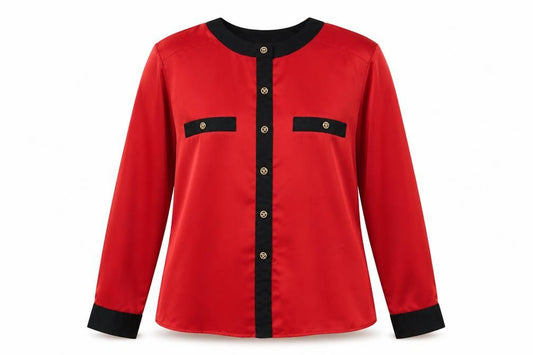 Front view of JH Collectibles women’s red polyester basic button-up, size UK 12, round neck - contrasting trim