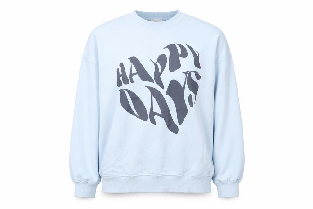 Front view of Primark women’s blue cotton pullover sweatshirt, size L, pullover - happy days