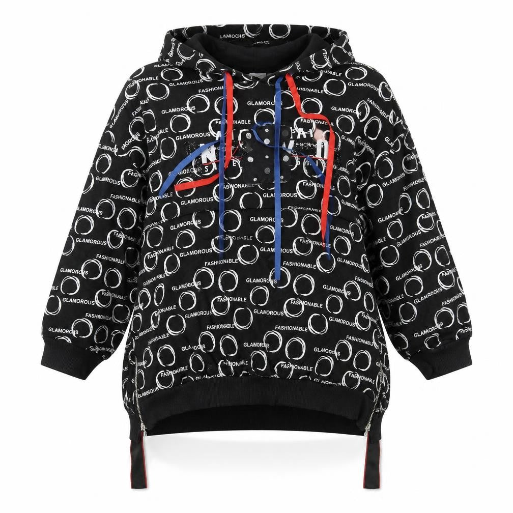 Front view of La Rosa women’s black geometric cotton pullover hoodie, size M, pullover