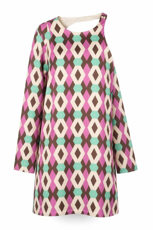 Front view of Zara women’s multicoloured geometric polyester shift, size XS, round neck zip