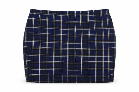 Front view of Boohoo women’s blue geometric viscose bandage skirt, size UK 28